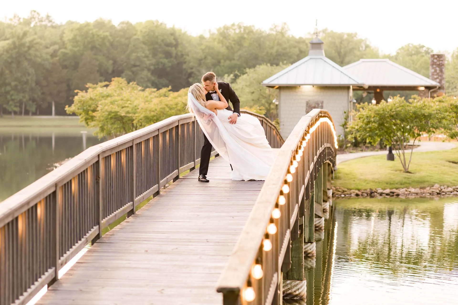 Newlyweds on the bridge leading to the Island
